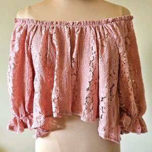 Free People Pink Ruffled Smocked Blouse 3/4 Sleeve